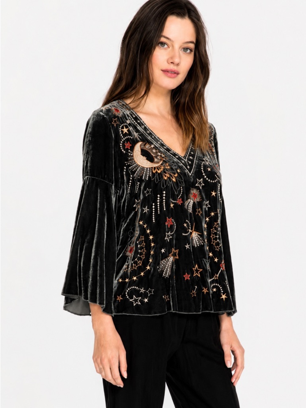 Johnny Was Callisto Gray Velvet Swing Blouse
